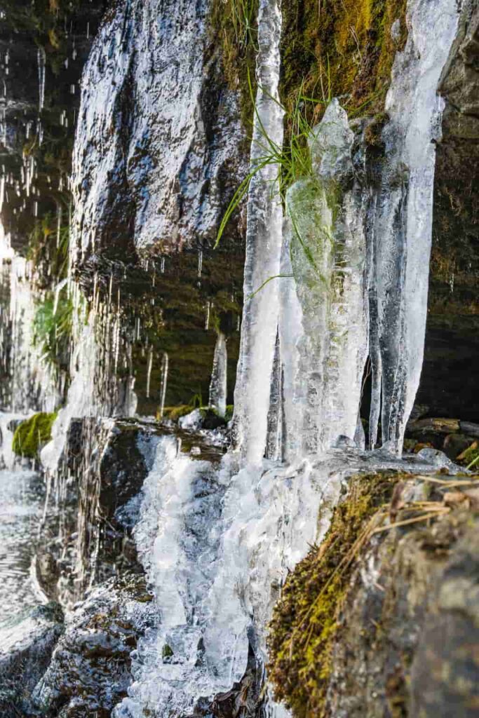 早朝に撮影した三木市の黒滝のつららを至近距離で撮影した写真。α7Vで撮影