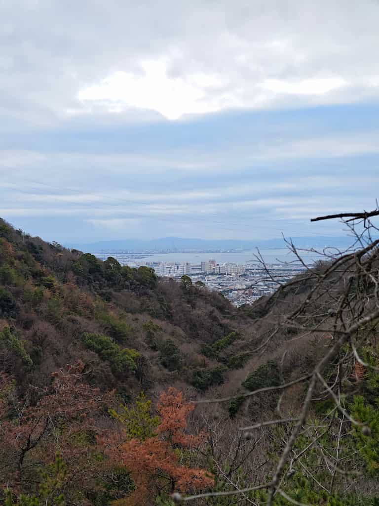 スマホで撮影した、六甲山登山中に振り返ったときの景色。山、街、海が見えている