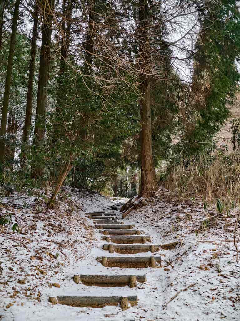 スマホで撮影した、六甲山の雪の積もった階段の写真。