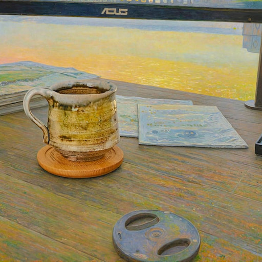 スマホカメラで撮影し、油絵風に加工したデスク周り